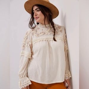 Anthropologie Romantic Embroidered Jemma Crochet Lace Blouse, Cream Size 3X